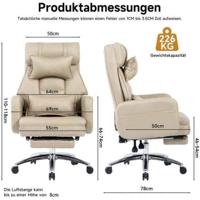 Крісло керівника з функцією нахилу на 155 та підставкою для ніг Ергономічне обертове офісне крісло з 4D підлокітниками, регульованою висотою, виготовлене з легкої в догляді бежевої штучної шкіри, для використання вдома.