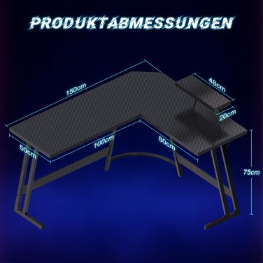 Ігровий стіл L-подібний 150x130 см, Кутовий стіл для ігор, L-подібний стіл з підставкою для монітора, Карбоново-чорний 150 x 130 см Чорний