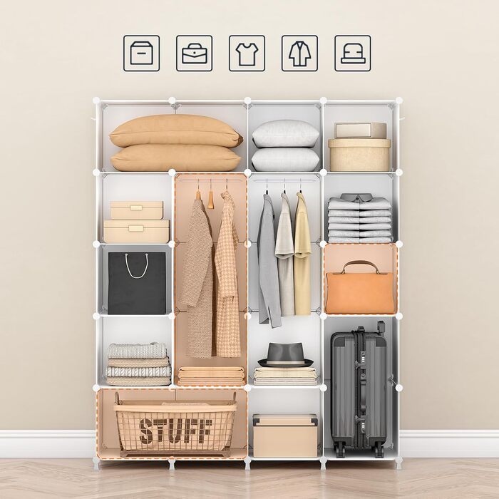 Шафа, Шафа для одягу, Модульна пластикова шафа з 20 кубами, Вставна система полиць з дверима та рейкою для одягу, 2 ряди гачків, 145 x 46,5 x 183 см, Білий EWT45LY01N1