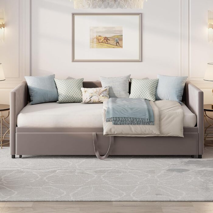 Диван-ліжко шириною 200 см, розкладний диван-ліжко, настінне ліжко з диваном, ліжко-мерфі 90/180 x 200 см, м&39яка розкладна кушетка з рейковим каркасом, двоспальне ліжко, оксамитова тканина, без матраца (сірий) Сірий 01