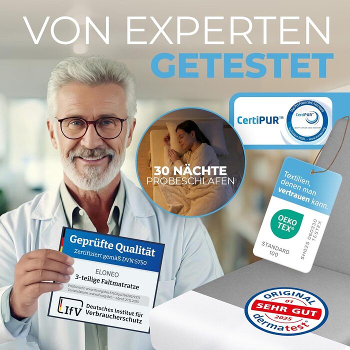 Матрац ELONEO Folding, гостьовий матрац, 3-секційний розкладний матрац, надзвичайно товста піна (15 см), можна прати, ортопедична подушка, складний, складний матрац, для дорослих (сірий, 75 x 195 x 15 см) 75 x 195 x 15 см сірий