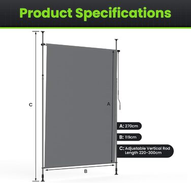 Вертикальний тент YEAUPE PRO для вулиці, 119 x 270 см, темно-сірий, не потребує свердління, кріплення тенту за допомогою ручної рукоятки, підходить для балкона, тераси, відкритого майданчика та саду, всепогодний екран для забезпечення конфіденційності 119