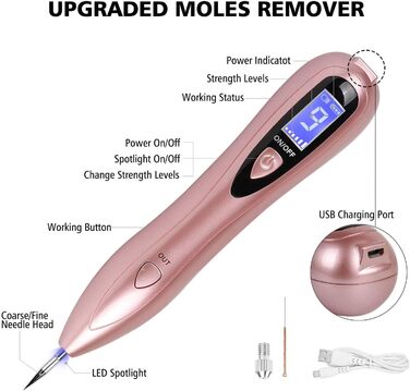 Видалення родимок - Професійна ручка для краси VOONEEN Mole Removal, з 9 рівнями міцності для обличчя і тіла, видалення бородавок, невусів, родимок, з золотим USB-акумулятором