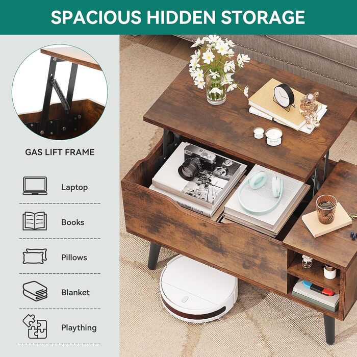 Журнальний столик YITAHOME з підйомною стільницею та прихованим відділенням, регульована полиця, пружинний підйомник, журнальний столик із місцем для зберігання для вітальні, 80 x 40 x 61,5 см, вінтажний коричневий