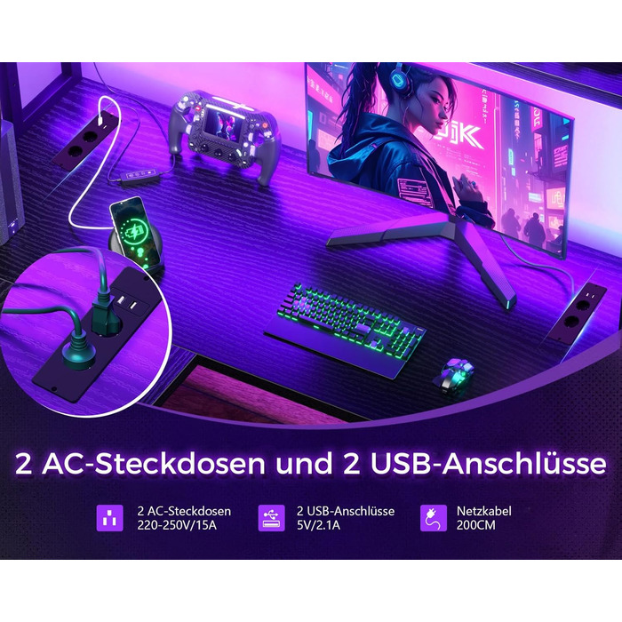 Ігровий стіл ODK зі світлодіодним підсвічуванням, 150120 см, двосторонній L-подібний стіл з 2 розетками та 2 портами зарядки USB, кутовий стіл чорного кольору з підставкою та полицею для зберігання, чорний 150120 см
