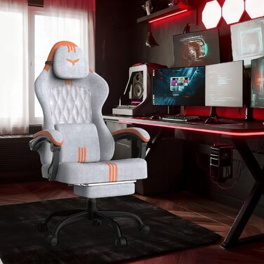 Ергономічне ігрове крісло Verdego з функцією масажу, підголівником та підставкою для ніг, оксамит, регульована спинка 90-145, регульована висота 10 см, ігрове крісло, сіро-помаранчевий оксамит