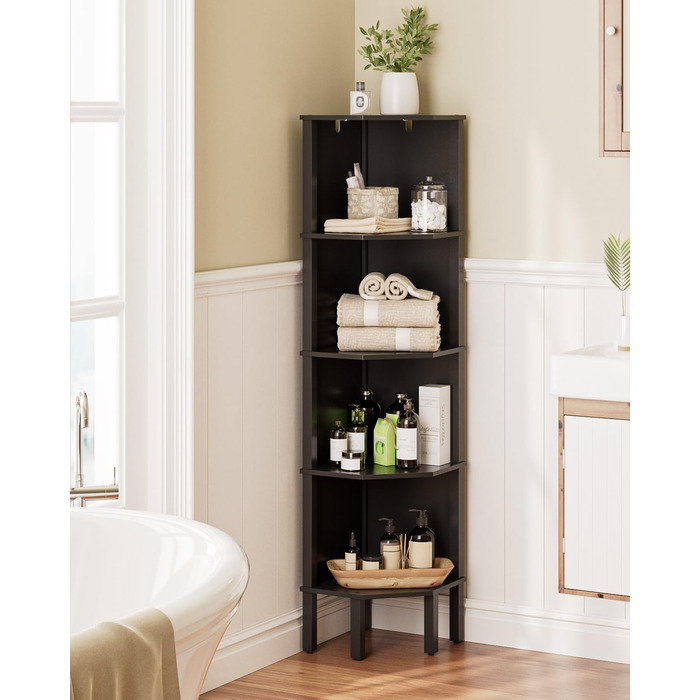Кутова полиця, кутова книжкова полиця з 5 полицями, полиця для рослин, полиця для зберігання речей у вітальні, офісі, спальні, 127x29x29 см, чорна