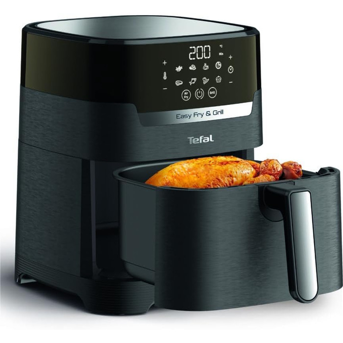 Аерофритюрниця Tefal EY5058 Easy Fry & Grill Технологія 2-в-1 (фритюрниця та гриль) Цифровий дисплей 4,2 літра на 6 порцій 8 програм приготування енергозберігаючі без масла Чорний, XL з дисплеєм без віконця Чорний