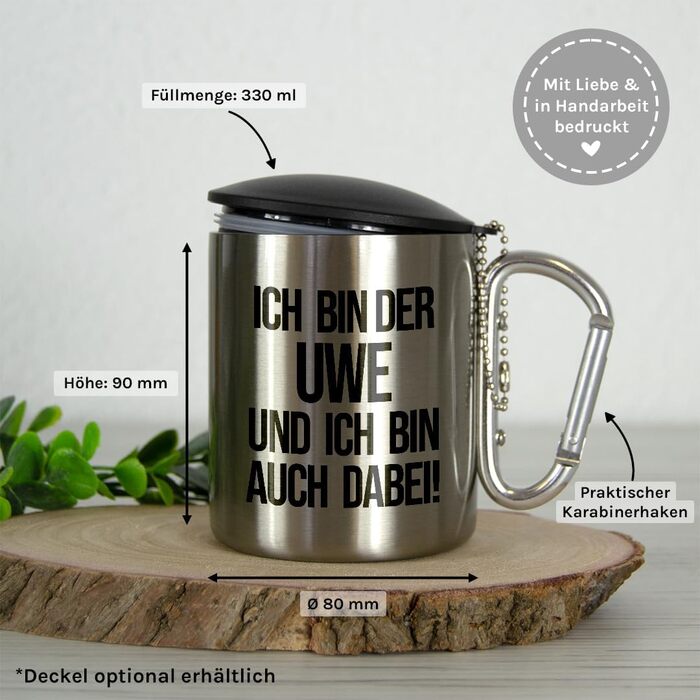 Я Уве, і я теж Персоналізована кружка з нержавіючої сталі з карабіном Ідея подарунка 330 мл Кружка Для кемпінгу Ключки Срібний