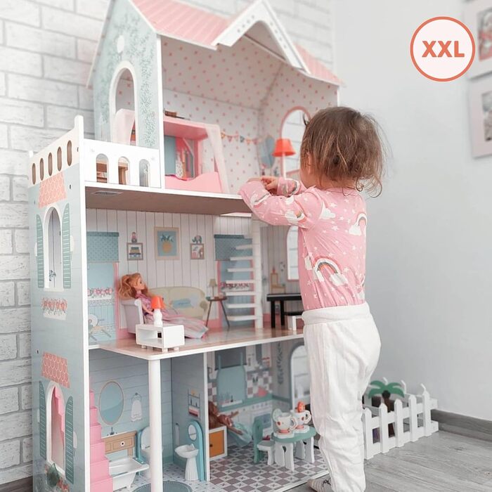 Дерев&39яний ляльковий будиночок 123 см зі світлодіодним підсвічуванням Великий ляльковий будиночок для дітей віком від 3 років з меблями та садом Ляльковий будиночок з підсвічуванням та аксесуарами Креативний ігровий будиночок для дівчаток