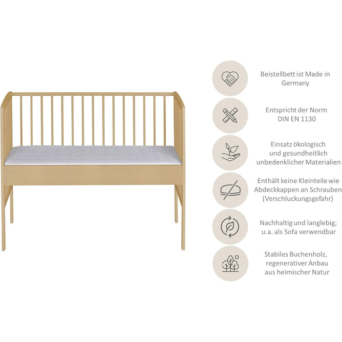 Дитяче ліжечко Micky Plus - Натуральний лак - Ліжечко 60120 см - Плавне регулювання висоти 3-в-1 - Ліжечко з бортиками для перетворення та системою ременів безпеки - Чудово підходить для ліжок з пружинним блоком