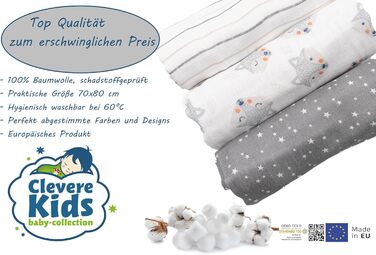 Муслінові серветки Clever Kids упаковка 5 лисичка світло-сіра та зірочки Oeko-TEX подвійне плетіння 70x80 серветки для відрижки (л