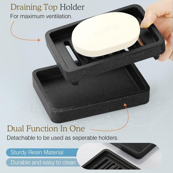 Двошарова знімна мильниця Luxspire, елегантна мильниця з текстурою гравію зі смоли, тримач мила, що швидко сохне, мильниця для кух