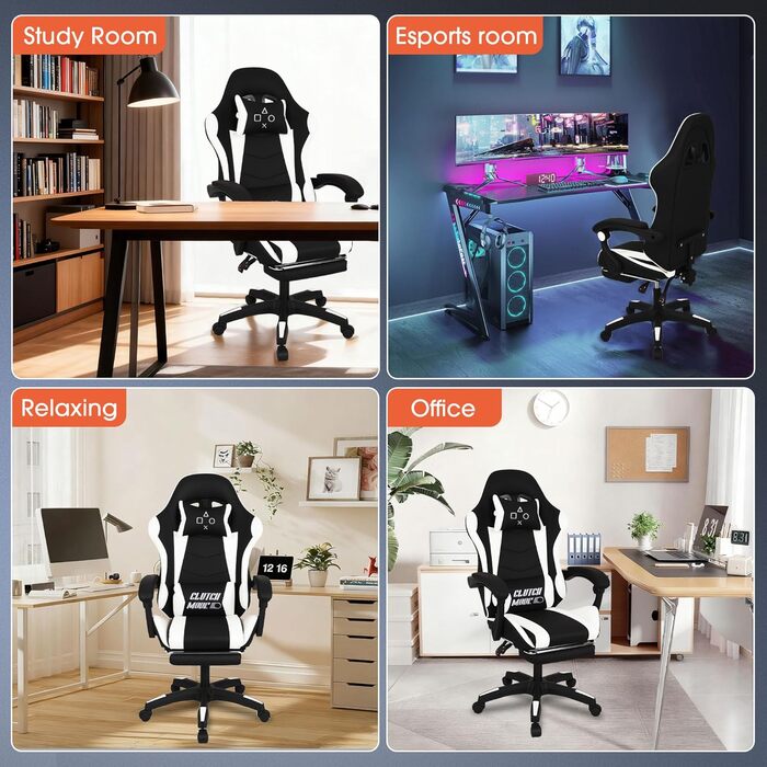 Ергономічне ігрове крісло FRANKYSTAR Clutch, офісне крісло з поперековою подушкою, підголівником та підставкою для ніг з ПВХ, чорно-біле