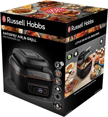 Аерофритюрниця Russell Hobbs XL 5.5 л Multi Аерофритюрниця, гриль та мультиварка SatisFry (можна мити в посудомийній машині, верхній і нижній нагрів, без струшування, повільна плита, випічка тощо, включаючи пластину для гриля) 26520-56