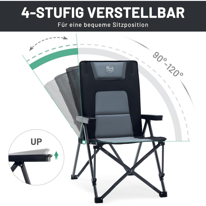 Складаний кемпінговий стілець TIMBER RIDGE, вантажопідйомність 260 кг, регульований у 4 положеннях, м&39який, висока спинка з сумкою для перенесення, кемпінговий стілець, садовий стілець для саду, балкону, кемпера, пікніка, 2 шт. чорного кольору