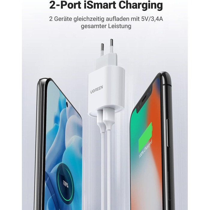 Зарядний пристрій 17W USB адаптер живлення 2-портовий 3.4A зарядний штекер з інтелектуальною технологією сумісний з iPhone 16/16 P