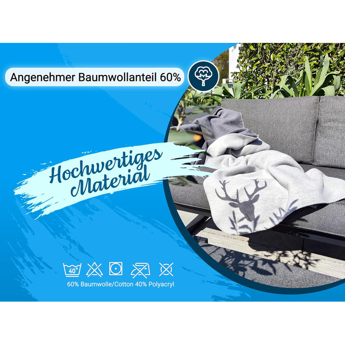 М&39яка ковдра ZOLLNER 150x200 см - Пухнаста та м&39яка двостороння ковдра у двох простих кольорах - Модне плетене обличчя з оленячою головою сірого кольору - Змішана тканина - Можна прати при температурі до 40C - Сертифікована сіра двостороння ковдра Oek