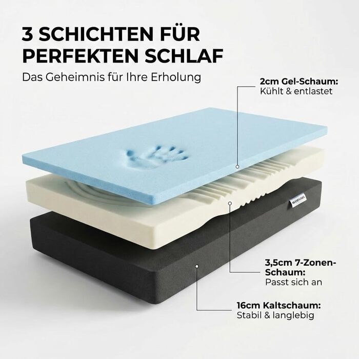 Матрац KNERST Duoflex 90 x 200 см - 2 рівні жорсткості м&39який та жорсткий - гелева піна з ефектом пам&39яті та 7-зонна комфортна піна - висота 21 см - ортопедичний матрац для всіх положень сну - матрац