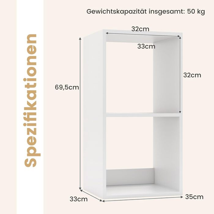 Книжкова полиця COSTWAY з 2 відділеннями, кубічна полиця, окремостояча полиця, відкрита полиця, полиця для зберігання для вітальні, кабінету, офісу, сучасна, біла, 2 відділення (35 x 33 x 69,5 см)