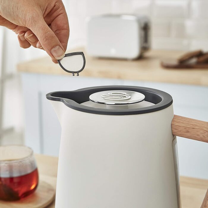 Чайник для сніданку Swan Nordic 1,7 л, 2200 Вт, тостер для хліба з широким отвором, 2 скибочки, мікрохвильова піч 20 л, цифровий, сучасний дизайн, ефект дерева, білий