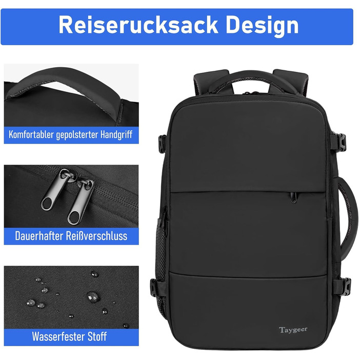 Ручна поклажа Taygeer Ryanair 40x30x20, легкий рюкзак для ручної поклажі Airplane 24L, рюкзак 40x30x20 з відділенням для ноутбука 15,6 дюймів та портом заряджання USB, невеликий дорожній рюкзак для вихідних, коротких поїздок, чорний Ryanair 40x30x20 см