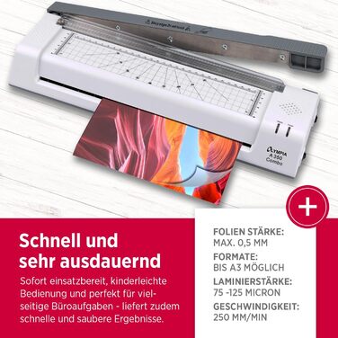 Ламінатор Olympia A 350 Combo 3-в-1 Гаряче та холодне ламінування Комбінований ламінатор та різак Без бульбашок Ламінатор A4 Сучасний та компактний дизайн