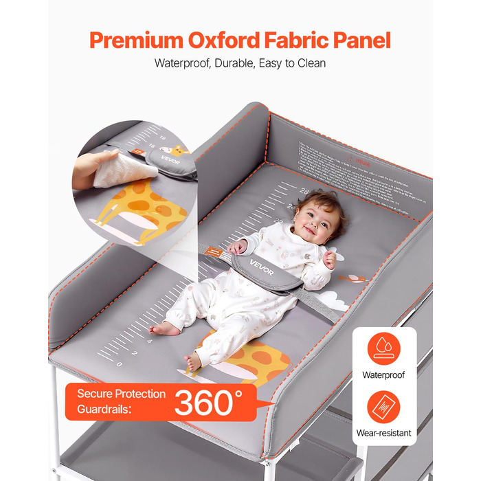 Портативний пеленальний столик VEVOR з 3 висувними шухлядами для тканини та колесами, що замикаються, регульований по висоті багатофункціональний пеленальний столик для немовлят з органайзером для зберігання речей для дитячої кімнати, сірий