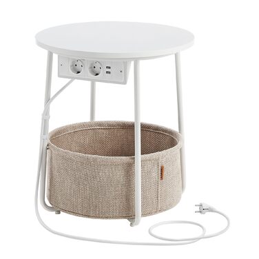Круглий бічний столик VASAGLE, маленький столик, журнальний столик з розеткою, столик для вітальні, кошик з тканини, місце для зберігання у вітальні та спальні, сучасна тумбочка, матовий білий-верблюжий коричневий LET228W02 Матовий білий верблюжий коричне