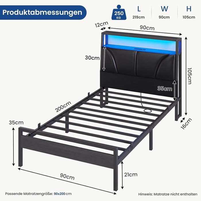 Ліжко 90x200 см з металевою рейковою основою, каркас ліжка 90x200 см зі світлодіодним підсвічуванням, дитяче ліжко 90x200 см з узголів&39ям та зарядною станцією (2 розетки змінного струму, 2 порти USB), металеве односпальне ліжко, чорне, 90x200 см