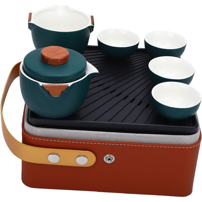 Набір для чаювання в стилі гунфу, преміальна кераміка, портативне зберігання, дорожній набір для чаю. Темно-зелений керамічний чайник з чашками та скринькою для чаю для подорожей, дому та офісу