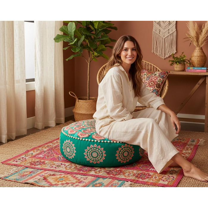 Бірюзовий круглий пуф-пуф з оксамитовою вишивкою Мяка вишита підлогова подушка з марокканським візерунком, діаметром 60 см, ідеально підходить для вітальні, спальні або кімнати для медитації. Бірюзовий колір 59Г x 59Ш x 20В см