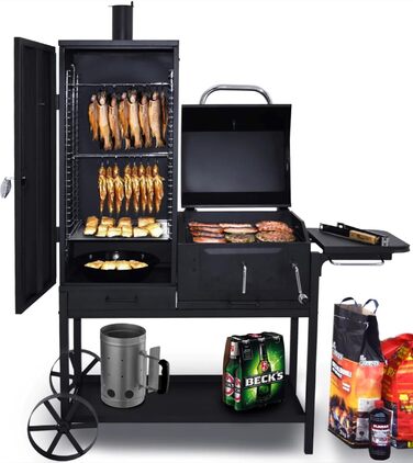 Syntrox Smoker Klavor з коптильнею, грилем барбекю, грилем на вугіллі. Гриль коптильні, сталь, листова сталь з вогнезахисним лаком, камера гриля і коптильня, дерев'яні ручки, дверцята з золи із засувкою