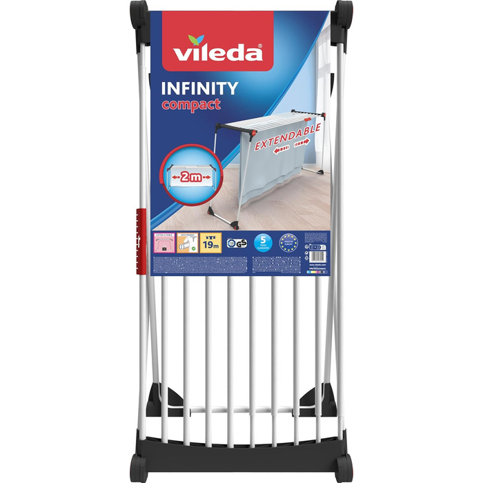 Сушарка для білизни Vileda Infinity Compact Велика з розсувною телескопічною перекладиною повністю зібрана з вбудованими колесами