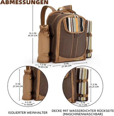 Рюкзак для пікніка Apollo Walker для 4 осіб, комплект для пікніка (комплект та ковдра), термосумка, сумка-холодильник для кемпінгу, пляжу, походів, коричневий-4