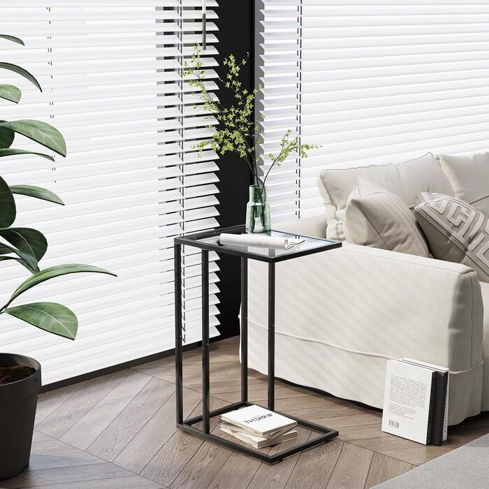 С-подібний приставний столик, комплект з 2 приставних столиків до дивана, журнальний столик, маленький столик, столик до дивана, тумбочка біля ліжка, бічний столик, столик для ноутбука, столик до дивана, скло, чорний (2 шт.)