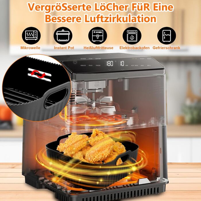 Силіконова форма для фритюрниці 23 см, аксесуари для фритюрниці 2 шт. Силіконова форма для випічки XXL для COSORI 6,4 л, 6,2 л, 6 л, Russell Hobbs 8 л, багаторазова замість паперу для випічки аксесуари для фритюрниці 23 см чорний