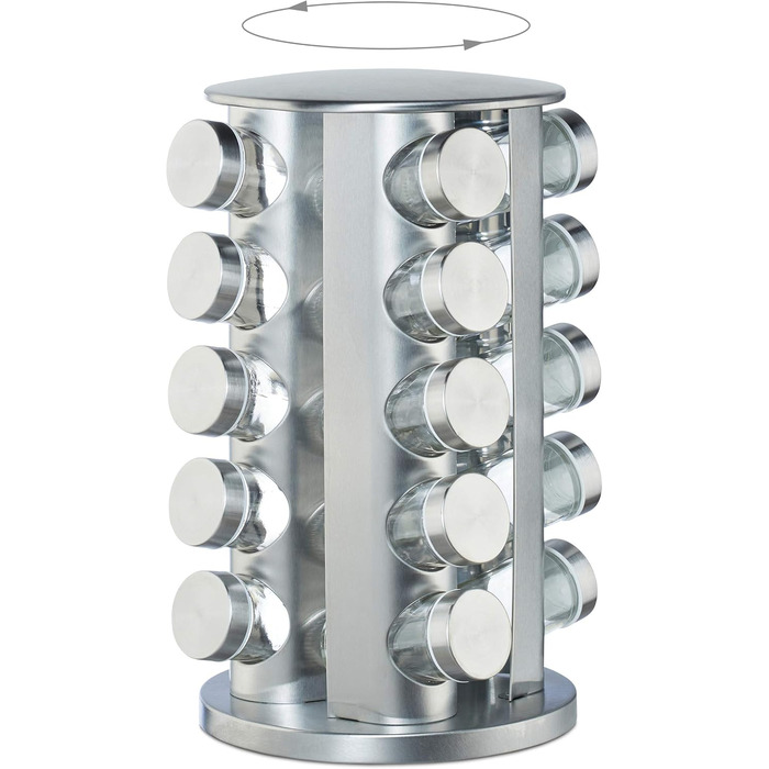 Карусель для спецій Relaxdays з 20 баночками для спецій, обертається на 360, контейнери для спецій для посипання, висота 34,5 см, нержавіюча сталь, срібло