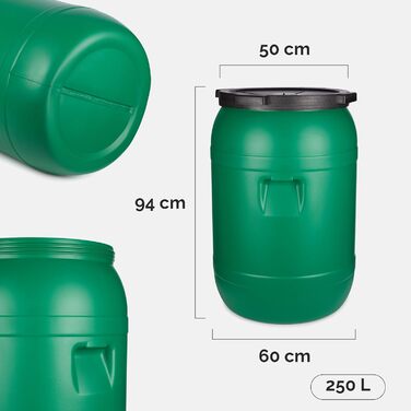 Кормовий бункер з широким горлом об&39ємом 250 літрів та кришкою (без ущільнювача) контейнер з HDPE без BPA для води, зберігання, корму для тварин, квашеної капусти та солінь GD-0142 250 л зеленого кольору