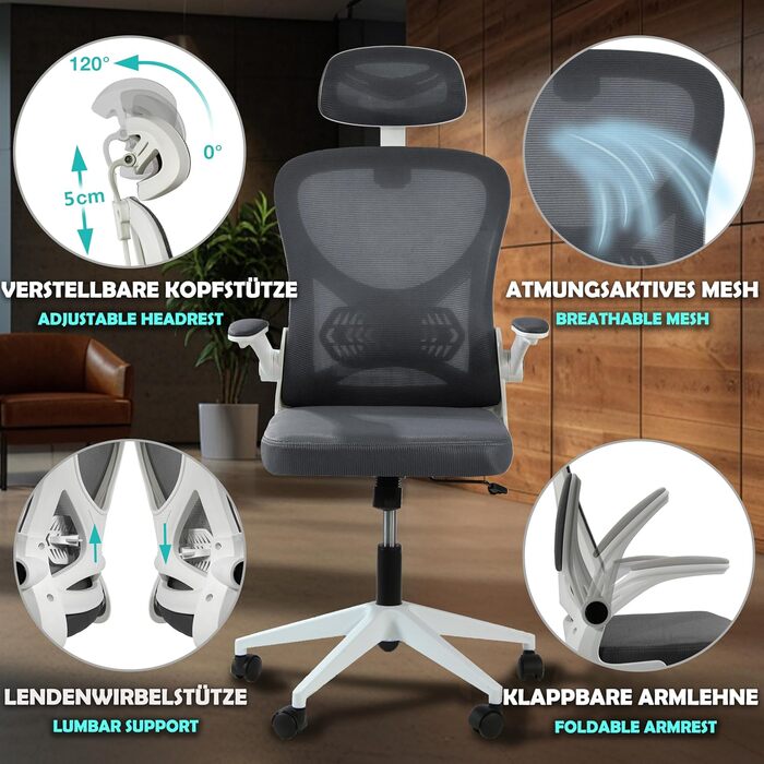 Офісне крісло sesto senso, темно-сіре, ергономічне з поперековою опорою та відкидними підлокітниками, крісло керівника, регульований підголівник, 1 темно-сіре