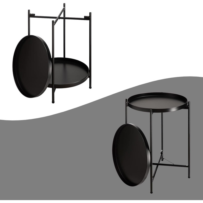 Круглий бічний столик HollyHOME, чорний металевий, маленький журнальний столик, 2 яруси, балконний столик, тумбочка, бічний столик для вітальні, спальні, тераси, вулиці