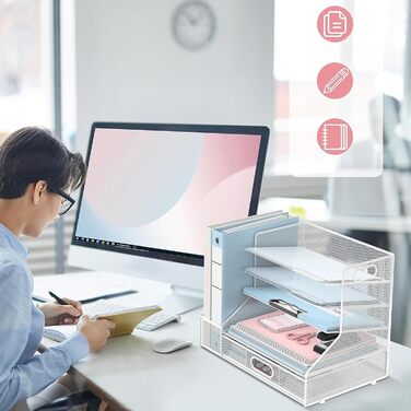 Органайзер для робочого столу з тримачами для файлів, 5-ярусний сітчастий лоток для паперу з тримачем для ручок та шухлядою для канцелярського приладдя, білий