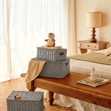 Кошик для зберігання GRANNY SAYS з кришкою, набір із 3 декоративних кошиків для зберігання, плетений кошик з ручками, великий сірий плетений кошик, міцний кошик з полицями для ванної кімнати, вітальні, кухні