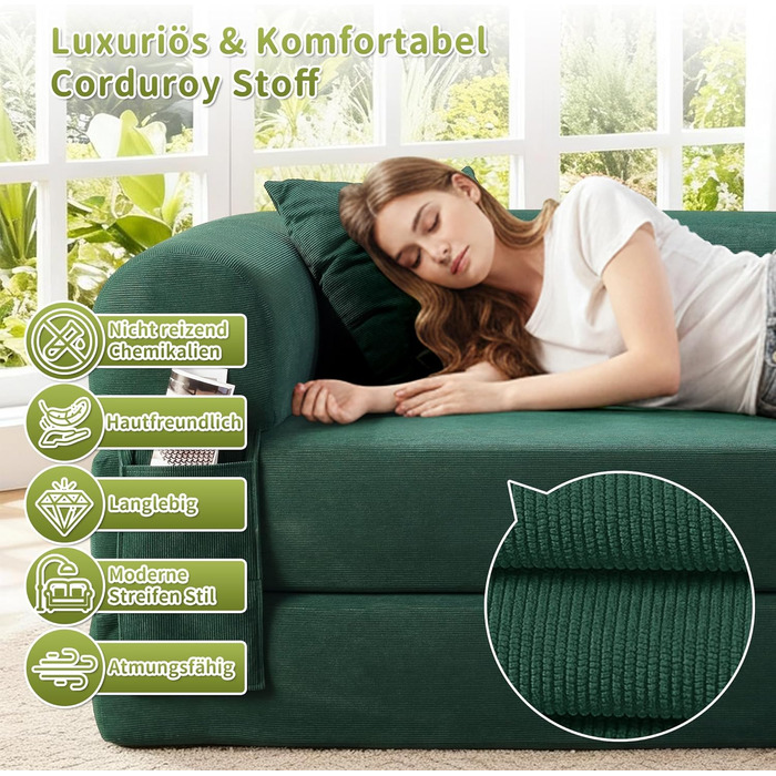 Диван BMMB з функцією сну, 203 см 3-місний диван без кісток, розкладний диван-ліжко з 2 подушками, сучасний розкладний диван-ліжко для вітальні/спальні (темно-зелений, 8025) Темно-зелений 8025