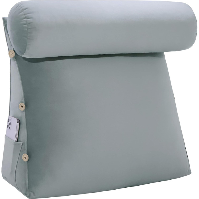 Подушка для спини Johnear зі знімним валиком для шиї, м&39яка оксамитова подушка для шиї, подушка для дивана, подушка для книги, подушка для читання, трикутна клиноподібна подушка, підтримка шиї (сіра, 60 см) Оксамитова сіра подушка для шиї 60 x 22 x 50 с