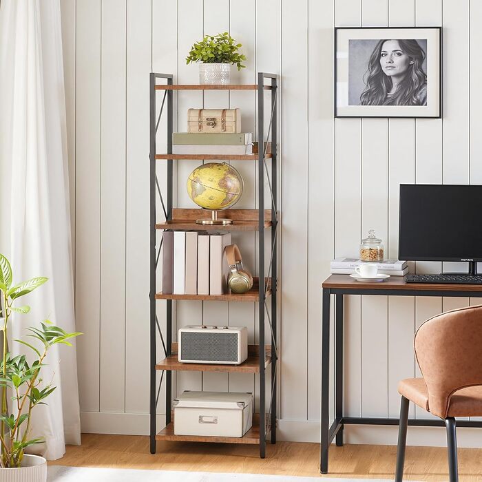 Книжкова полиця HOOBRO, стояча полиця, полиця-драбина, окремостояча вузька полиця, офісна полиця, 6 ярусів, відкриті полиці, для вітальні, спальні, офісу, кухні, рустикальний коричневий та чорний EBF72SJ01 42 x 28 x 161,5 см Рустикальний коричневий чорний