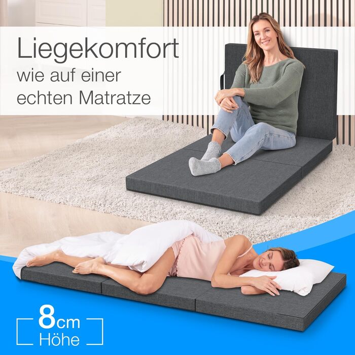 Розкладний матрац ELONEO 75x200 см, висота 8 см, розкладний гостьовий матрац, розкладний матрац, розкладний матрац, матрац з підтримкою спини, дорожній матрац, розкладне гостьове ліжко, розкладне ліжко, яке можна прати 75 x 200 x 8 см Антрацит