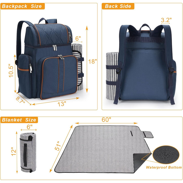 Рюкзак для пікніка на 4 особи, набір кошиків для пікніка, герметична сумка для пікніка, пляжний рюкзак-холодильник з ізольованою сумкою-холодильником, ковдра для пікніка, кемпінг, парк, темно-синій