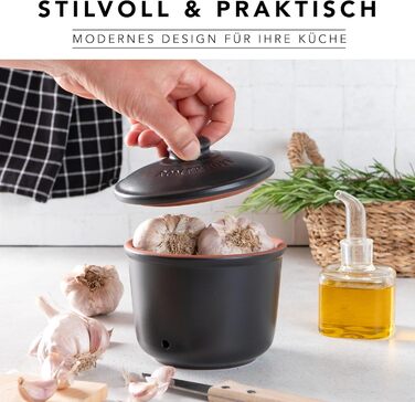 Літра - Керамічний горщик для часнику - Дихаюча глина довше зберігає овочі свіжими - Ідеальна циркуляція повітря - Чорний, 0,6