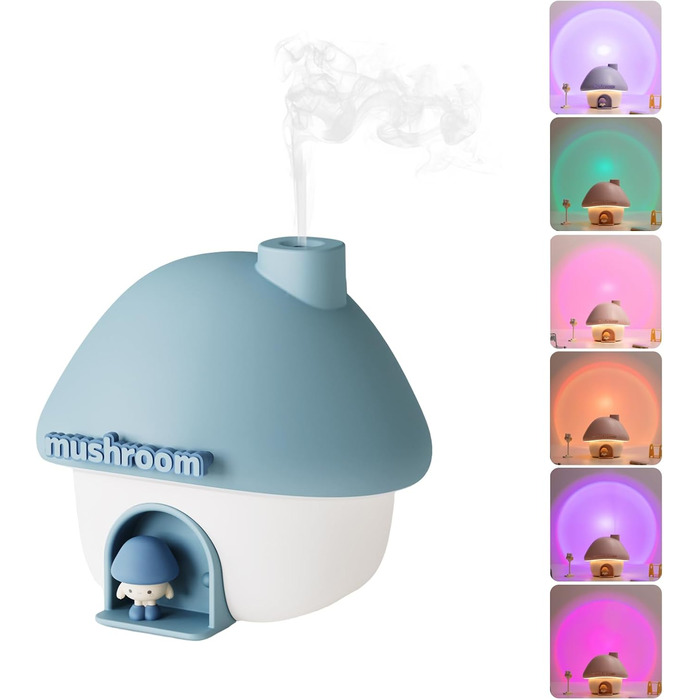 Мл Cute Mushroom House Humidifier Міні-зволожувач USB з 7 кольорами підсвічування, автоматичним відключенням і безшумним режимом для офісу, спальні, автомобіля, робочого столу (синій), 300